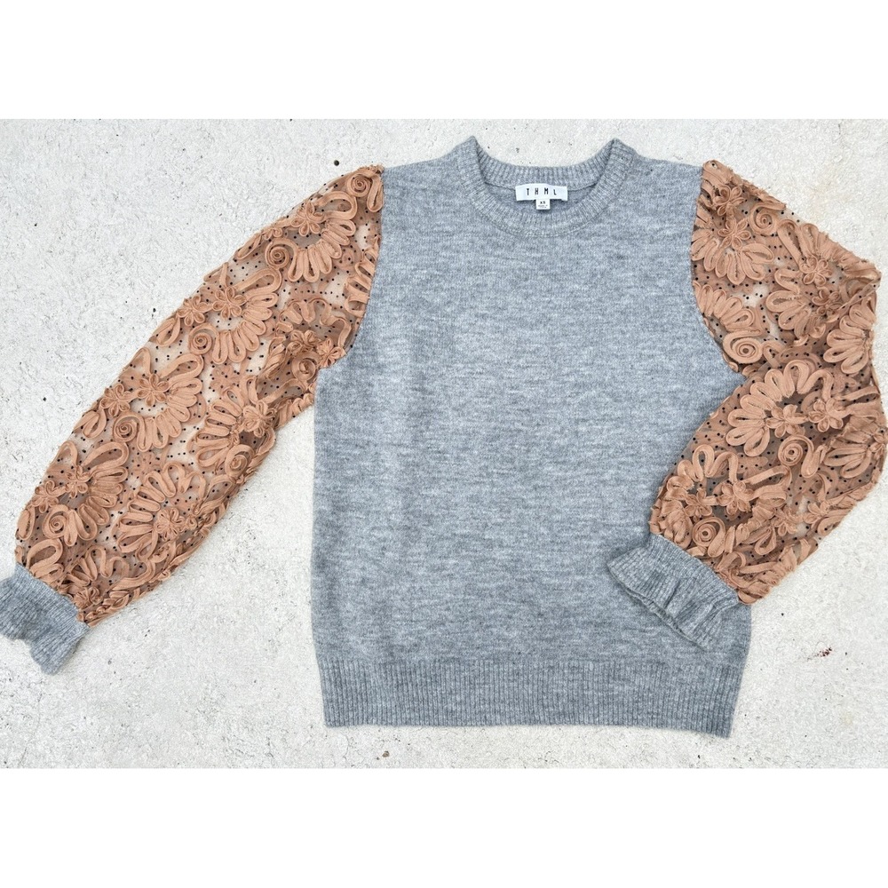 THML Heather Grey Knit Sweater Top Tan 3D Floral Lace Mesh Statement Sleeve XS